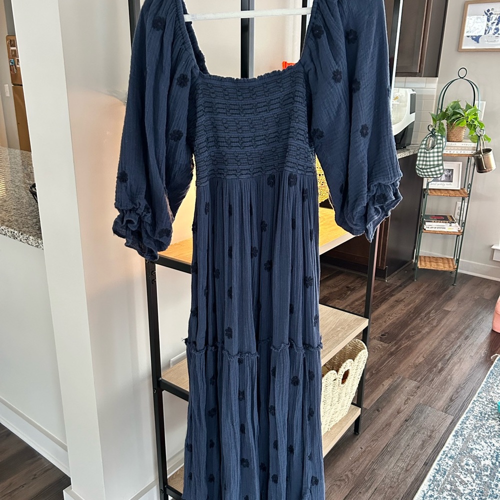 Free People Navy Blue Long Sleeve Maxi Dress with Smocked Bodice
